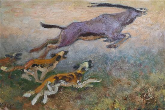 Genardy Mowkom-oviech, oil on canvas, pack hunting a gazelle, initialled, 25cm x 36cm